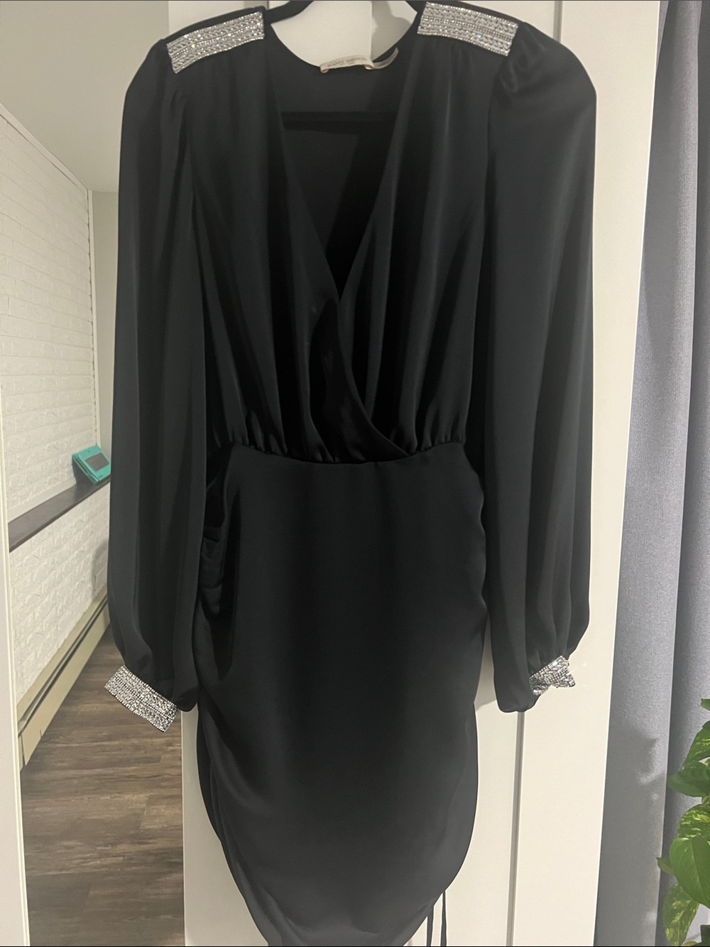 Ramy brook Black Long-Sleeve Embellished Shoulder & Cuff Dress